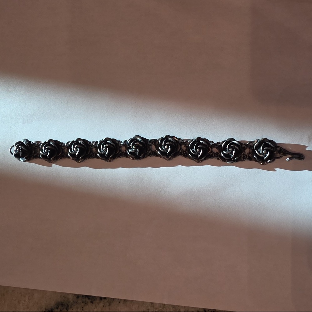 Vintage Mid Century Silver Tone 3D Rose Floral Link Costume Bracelet